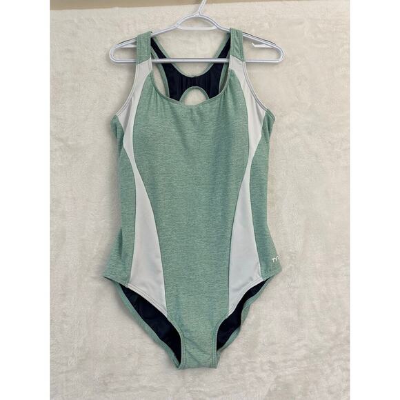NWOT TYR Green One Piece Swimsuit 18 Stripe Racerback Cutout - Picture 1 of 8